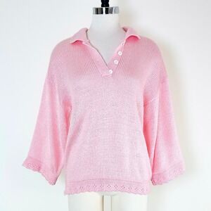 Vintage Worthington Pink Knit Lace Knit Trim Flower Buttons Sweater Size 38